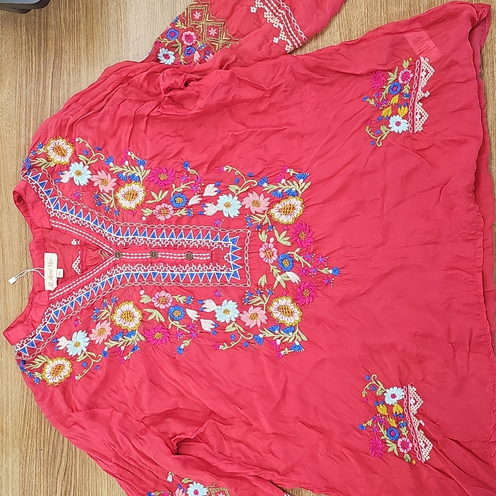bohemian-chic style, intricate embroidery, Floral, Sheer Vibrant Pink Top